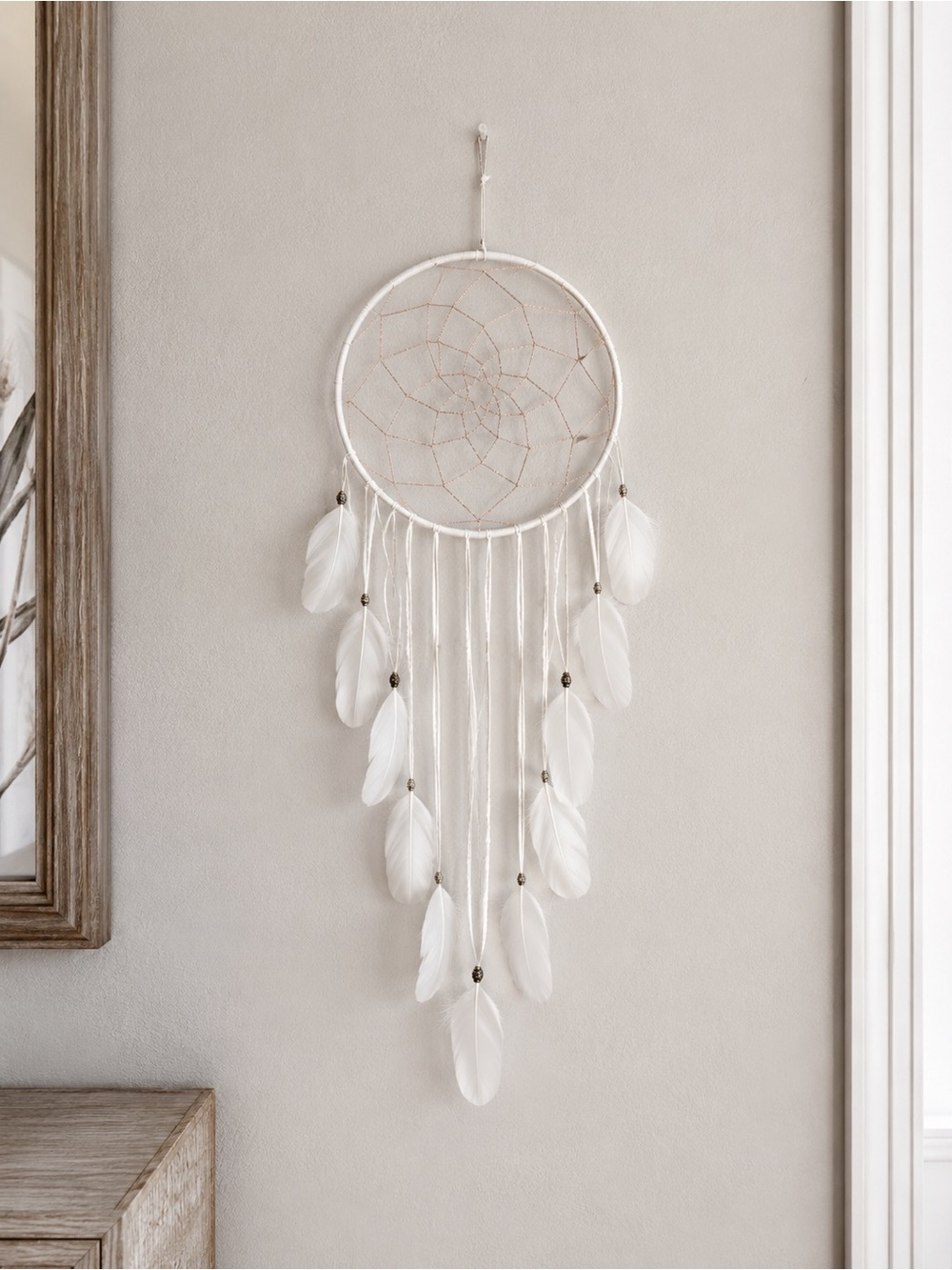 White Feather Beaded Boho Dreamcatcher Wall Decor 35”